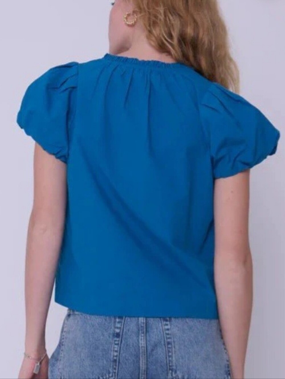 Love the Label Lia Blue Sapphire Short Puff Sleeve Blouse Size Large NEW NWT - Picture 2 of 12